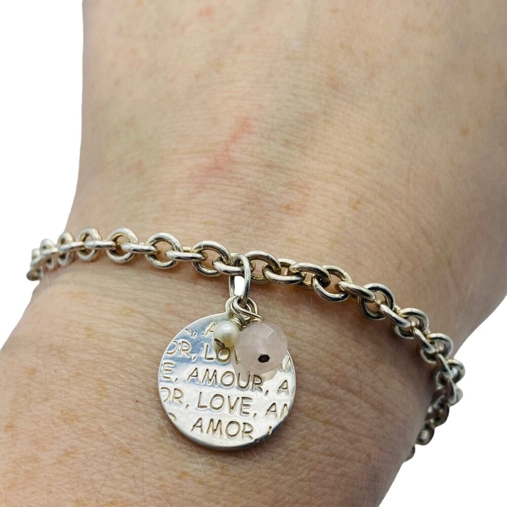 Sterling Silver 925 Love Amore Dangle Chain Bracelet Signed NVC 7in 10.9 Grams
